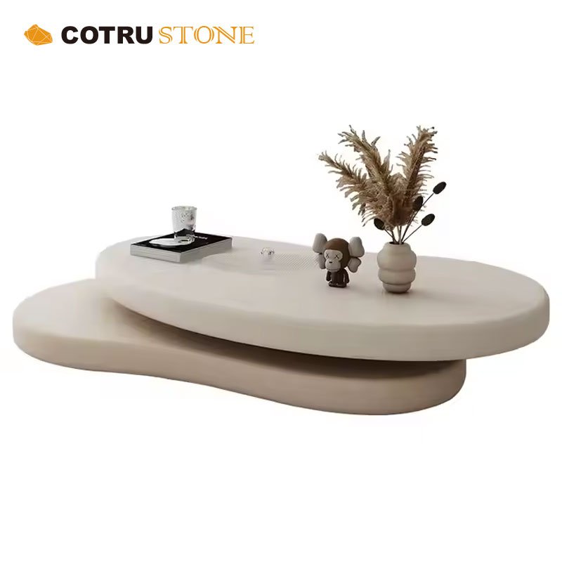 Modern Irregular Shape Interior Luxury Unique Design Travertine Rotatable Double Decker Sofa Coffee Table For Living Room Centre