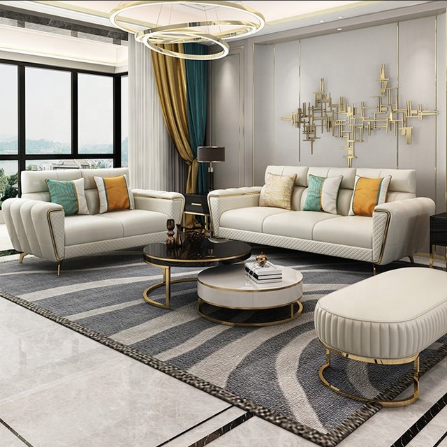 Full Leather Luxury Home Furniture Living Room Modern Wooden Sofa Set Support Factory Custom Wholesale