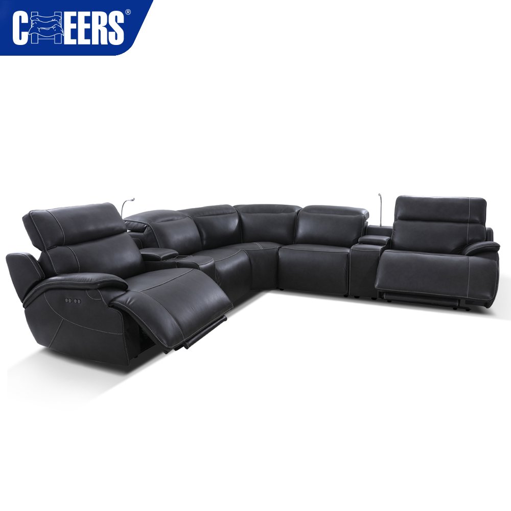 MANWAH CHEERS Luxury Leather Upholstered Living Room Sofa 5-Seater Power Reclining Sectional with Console and Light