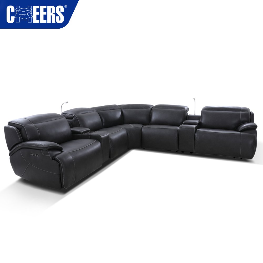 MANWAH CHEERS Luxury Leather Upholstered Living Room Sofa 5-Seater Power Reclining Sectional with Console and Light