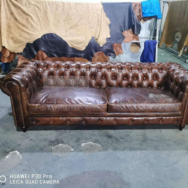 America sofa luxury leather antique deep brown genuine leather living room sofa 100% top grain leather chesterfield sofa