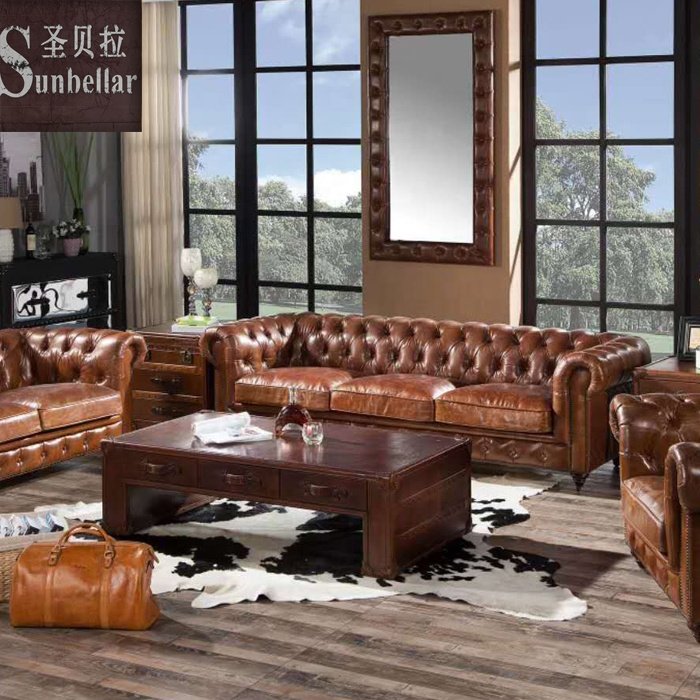 America sofa luxury leather antique deep brown genuine leather living room sofa 100% top grain leather chesterfield sofa