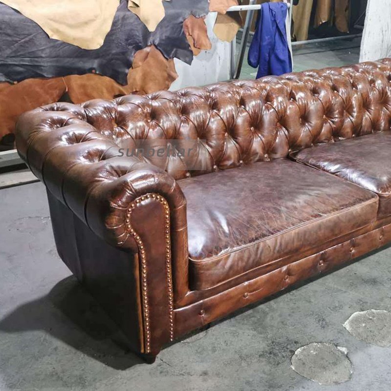 America sofa luxury leather antique deep brown genuine leather living room sofa 100% top grain leather chesterfield sofa