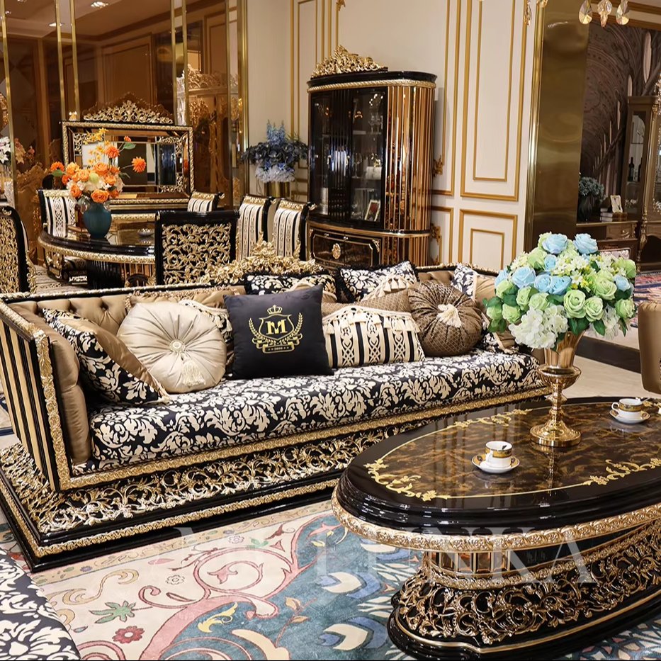 Luxury Customizable High Quality Modern Living Room Sofa Set Royal Carved Wooden Couches with High-End Fabric