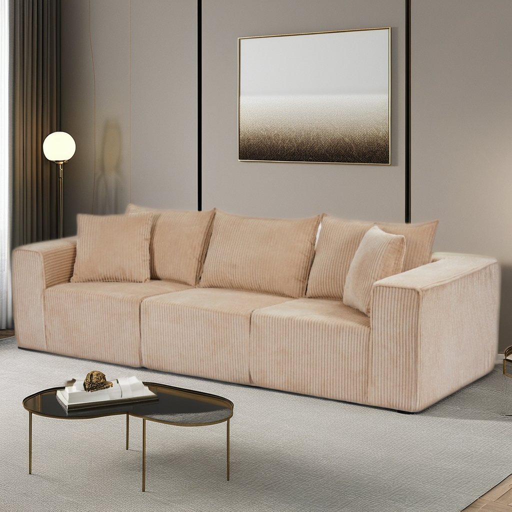 Modular Beige Corduroy Sectional Sofa Three-Seat Reclining Set Lazy Sponge Wood Frame Dining Living Room Compressed Sleeper