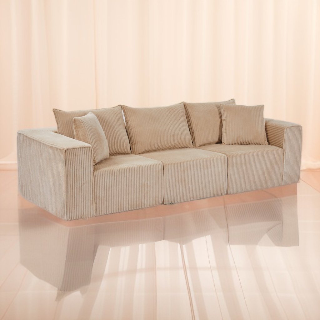 Modular Beige Corduroy Sectional Sofa Three-Seat Reclining Set Lazy Sponge Wood Frame Dining Living Room Compressed Sleeper