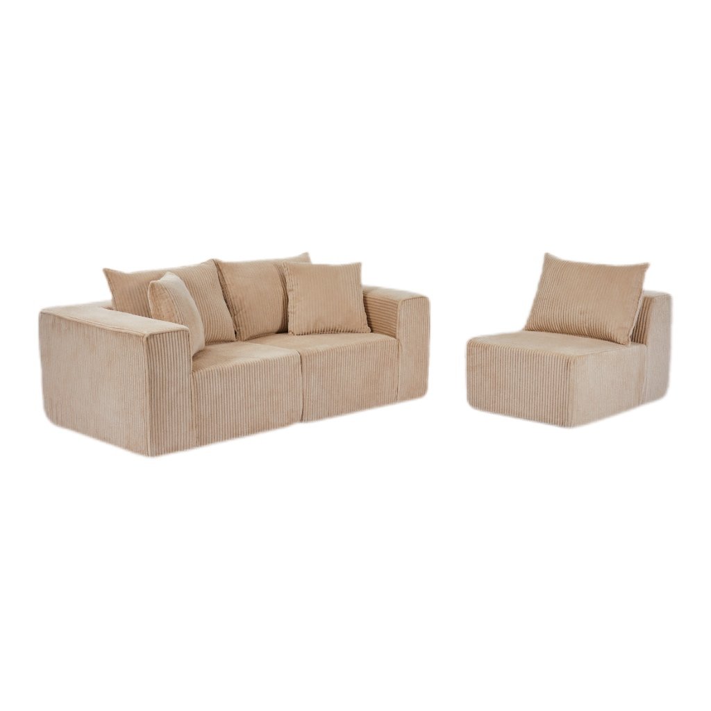Modular Beige Corduroy Sectional Sofa Three-Seat Reclining Set Lazy Sponge Wood Frame Dining Living Room Compressed Sleeper