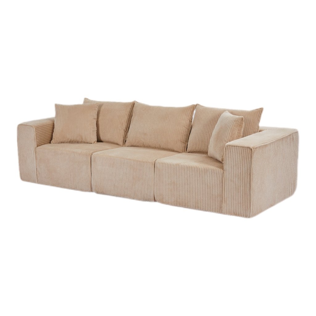 Modular Beige Corduroy Sectional Sofa Three-Seat Reclining Set Lazy Sponge Wood Frame Dining Living Room Compressed Sleeper