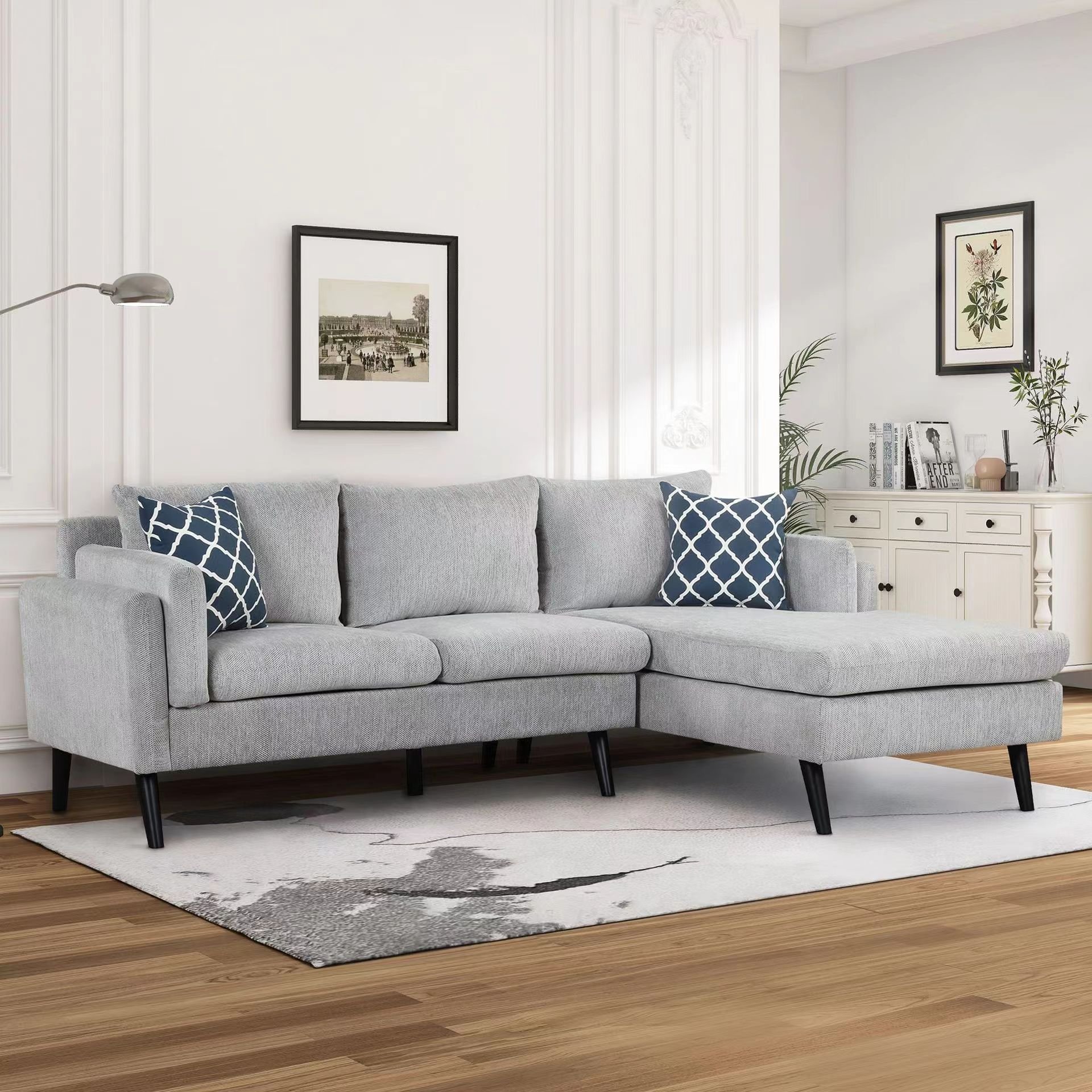 OEM/ODM Lazy Couch 7 Seater L Shape Sectional Living Room Sofa with Chaise Sofa Fabric Comfortable Metal Legs Luxury Corner Sofa