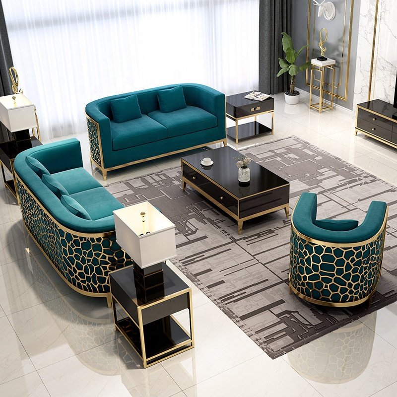 Chesterfield Blue Velvet Fabric Sofa Luxury Sofa Three Seat Home Furniture Living Room Sofa
