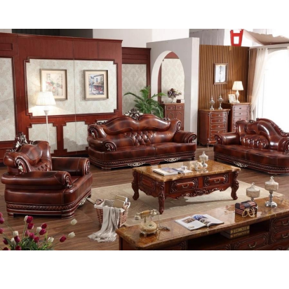 High Quality Antique Style Living Room Solid Wood Sofa Luxury Design Leather European Sofa