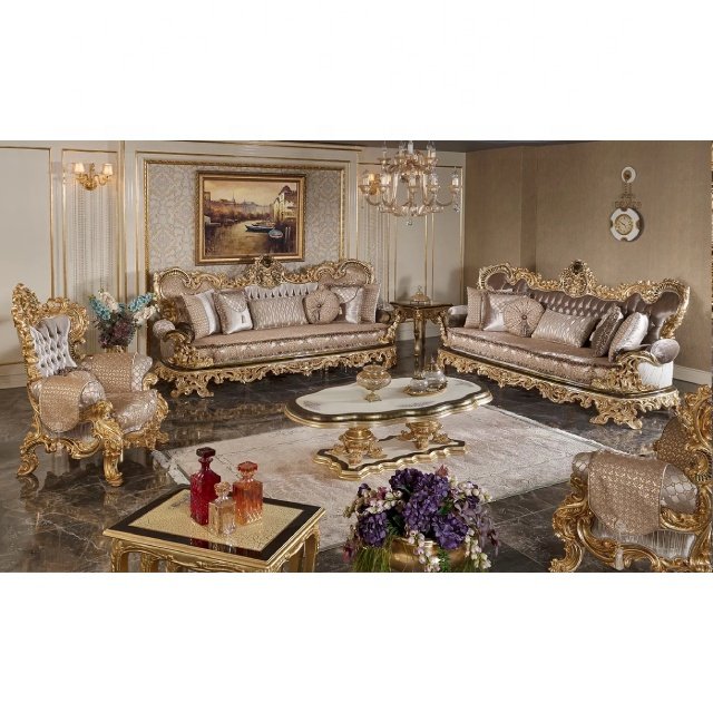 Luxury Dubai Carving Design Wooden Home Furniture Three Seater Couch Button Tufted Fabric Upholstery Living Room Sofa Set