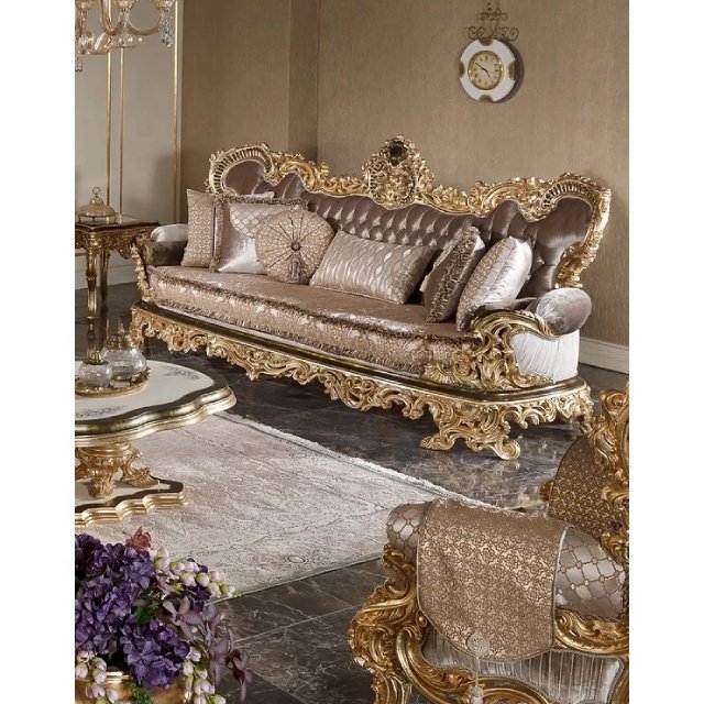 Luxury Dubai Carving Design Wooden Home Furniture Three Seater Couch Button Tufted Fabric Upholstery Living Room Sofa Set