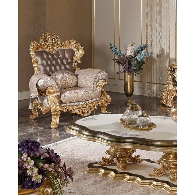 Luxury Dubai Carving Design Wooden Home Furniture Three Seater Couch Button Tufted Fabric Upholstery Living Room Sofa Set
