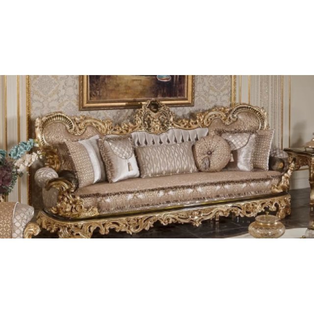 Luxury Dubai Carving Design Wooden Home Furniture Three Seater Couch Button Tufted Fabric Upholstery Living Room Sofa Set