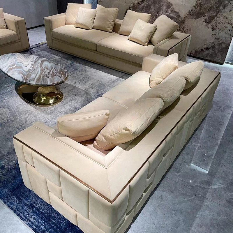 Leather sofa living room combo Three-person villa club Italian lightweight leather sofa lightweight furniture