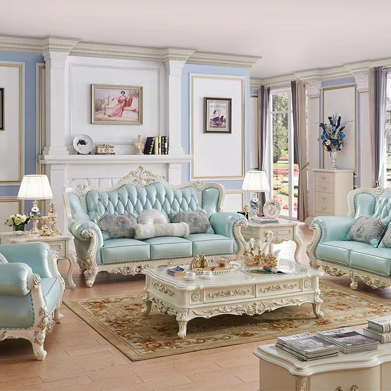 2024 Antique Design Living Room Sofa European Design Navy Blue Leather Sofa Set