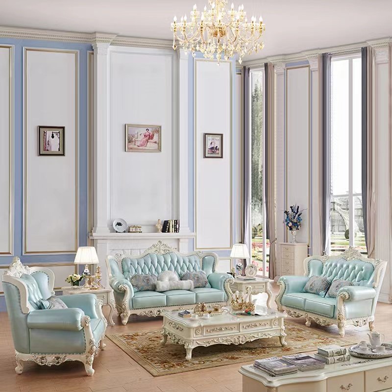 2024 Antique Design Living Room Sofa European Design Navy Blue Leather Sofa Set