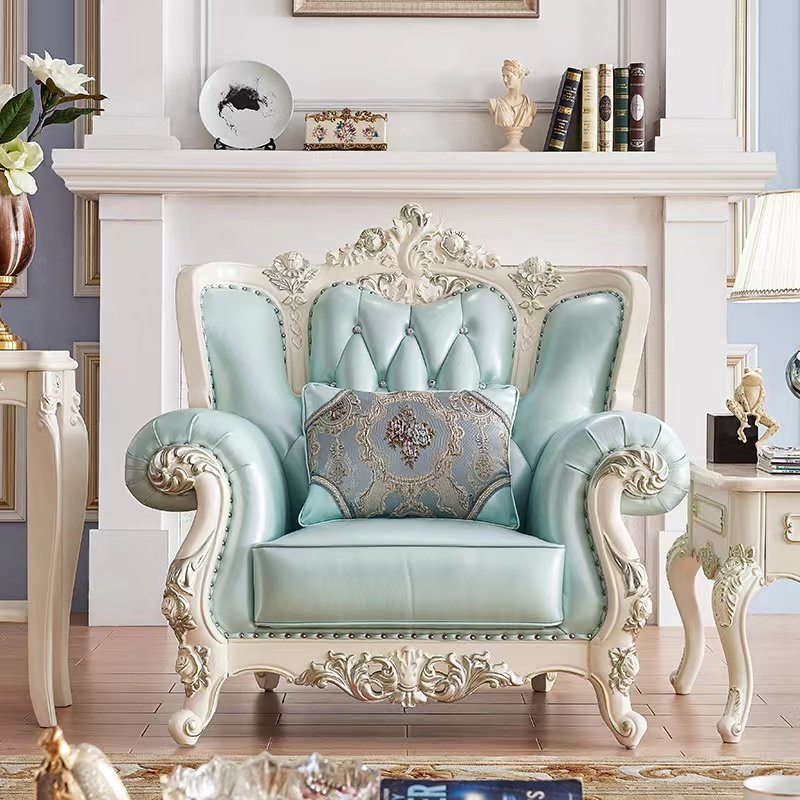 2024 Antique Design Living Room Sofa European Design Navy Blue Leather Sofa Set
