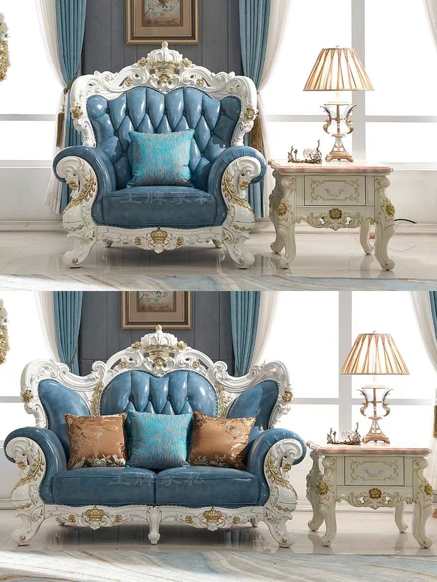 2024 Antique Design Living Room Sofa European Design Navy Blue Leather Sofa Set