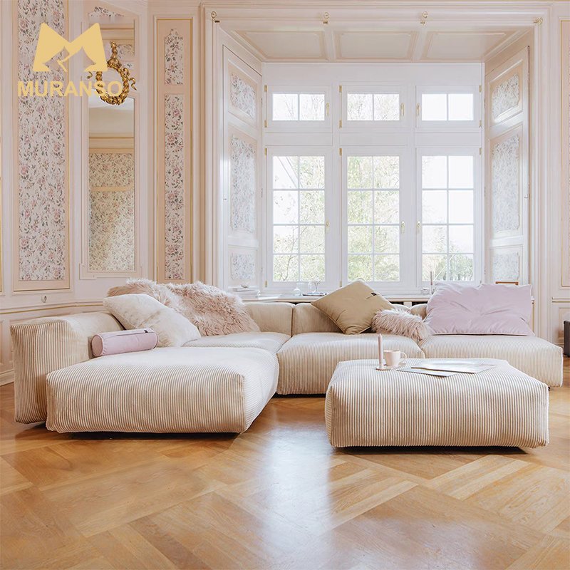 Wholesale Modern living room corduroy sofa lounge cream bubble deep tufted corduroy sectional sofa