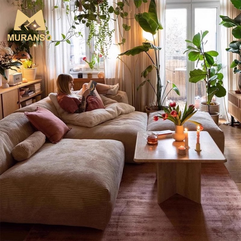 Wholesale Modern living room corduroy sofa lounge cream bubble deep tufted corduroy sectional sofa