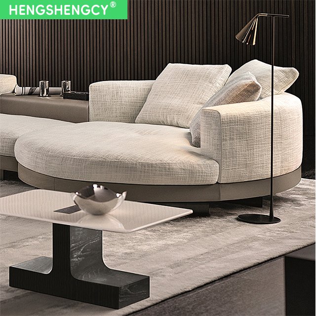 Modern Italian Cotton Linen Upholstered Corner Round Arc Living Room - Elegant And Luxurious Villa Sofa