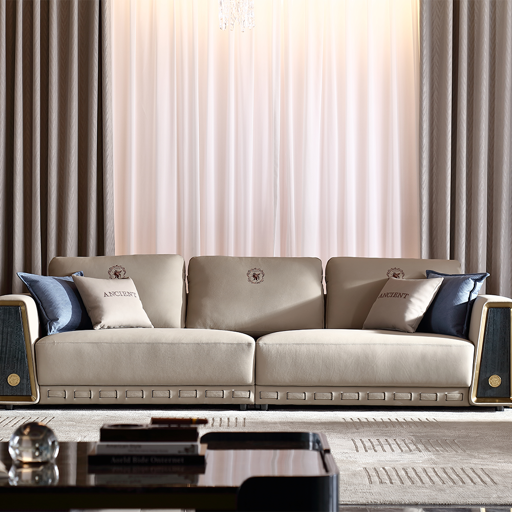 Italian Minimalist Genuine Leather Sofa Living Room Sofa Set Straight Row Three Seater Furniture Sofa