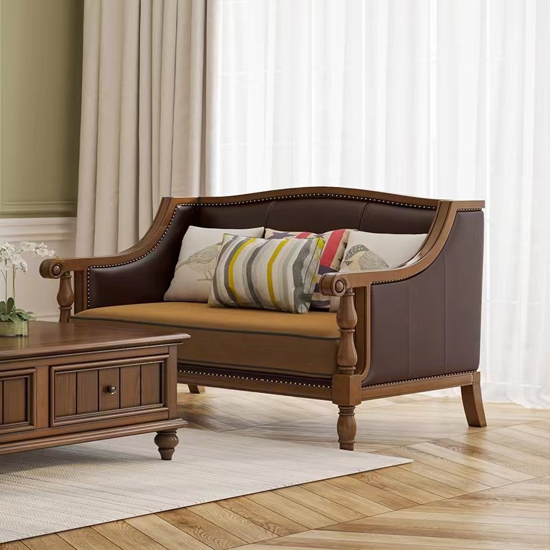American country retro light luxury industrial style living room leather solid wood sofa combination