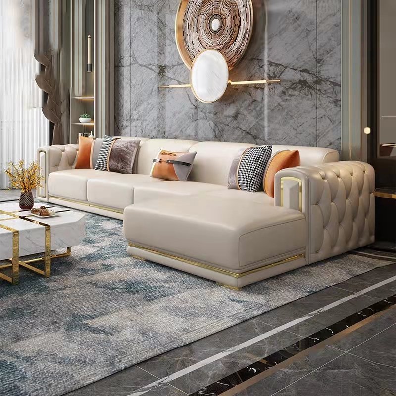 Italian-designed stainless steel upholstered modern leather chesterfield sofa living room sofas set furniture luxury sofa