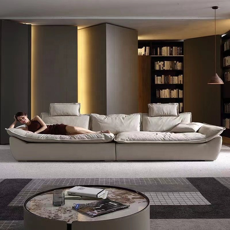 Super big sofa Super deep sitting wide high -backed living room Italian minimalist cream light luxury silicone leather sofa