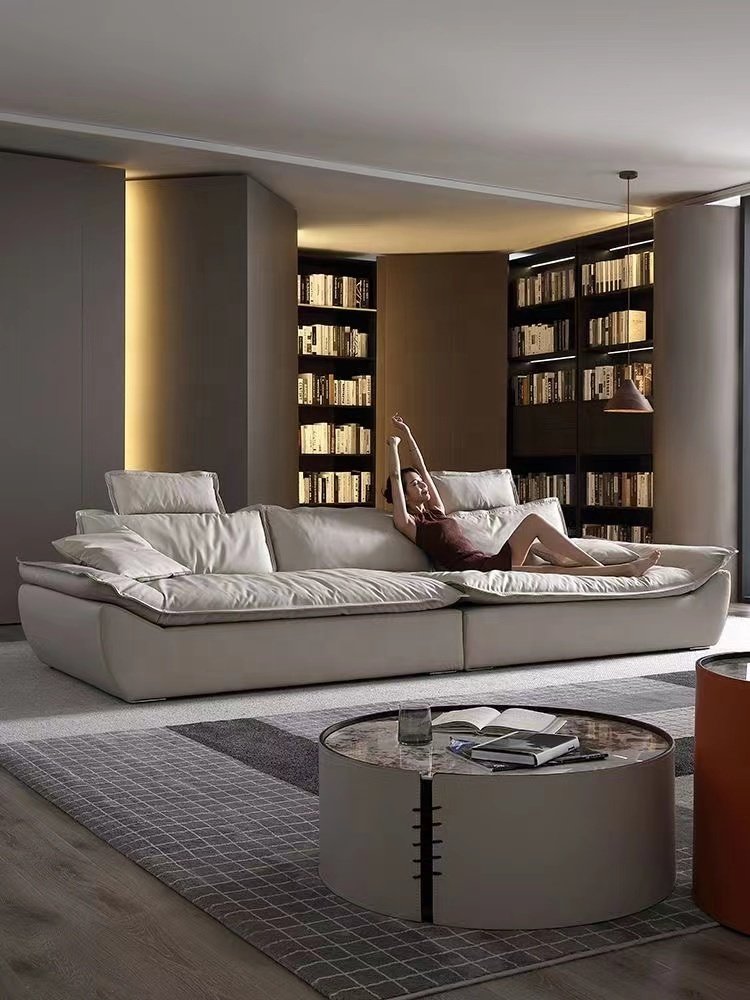 Super big sofa Super deep sitting wide high -backed living room Italian minimalist cream light luxury silicone leather sofa