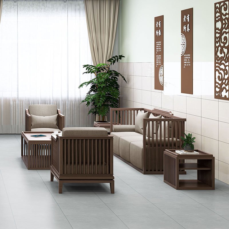 neo chinese style living room sofa high quality furniture 3 person sofa solid wood indoor sofa for commercial waiting area