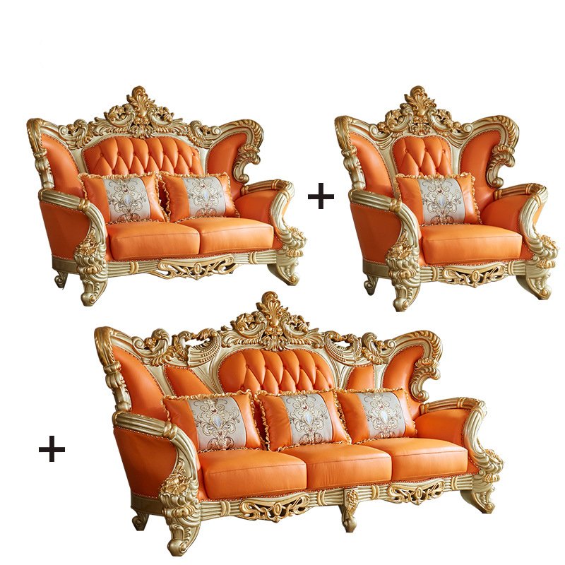 European Style Genuine Leather Sofa Set Living Room Furniture Hotel Waiting Area Classic Sofa Set for Mansion Home Luxury