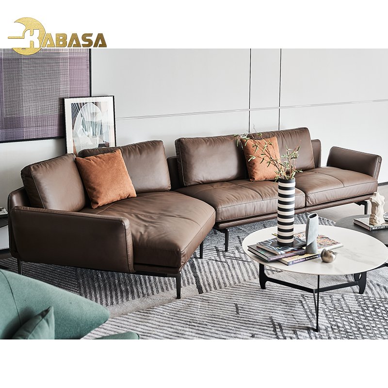 2021 new design Dark brown top grain L shape mid century modern leather chaise living room sofa