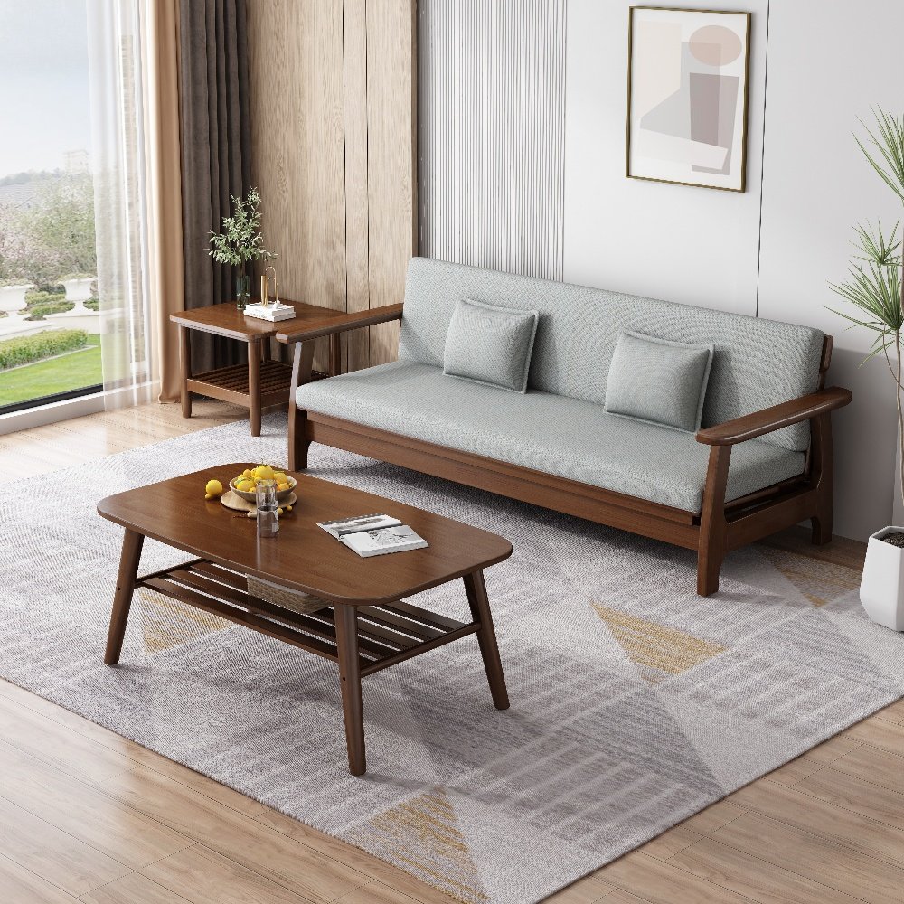 Multifunctional Comfortable Full Solid Wood Living Room Bed Fabric Furniture with Wooden Frame Foldable sofa extendible