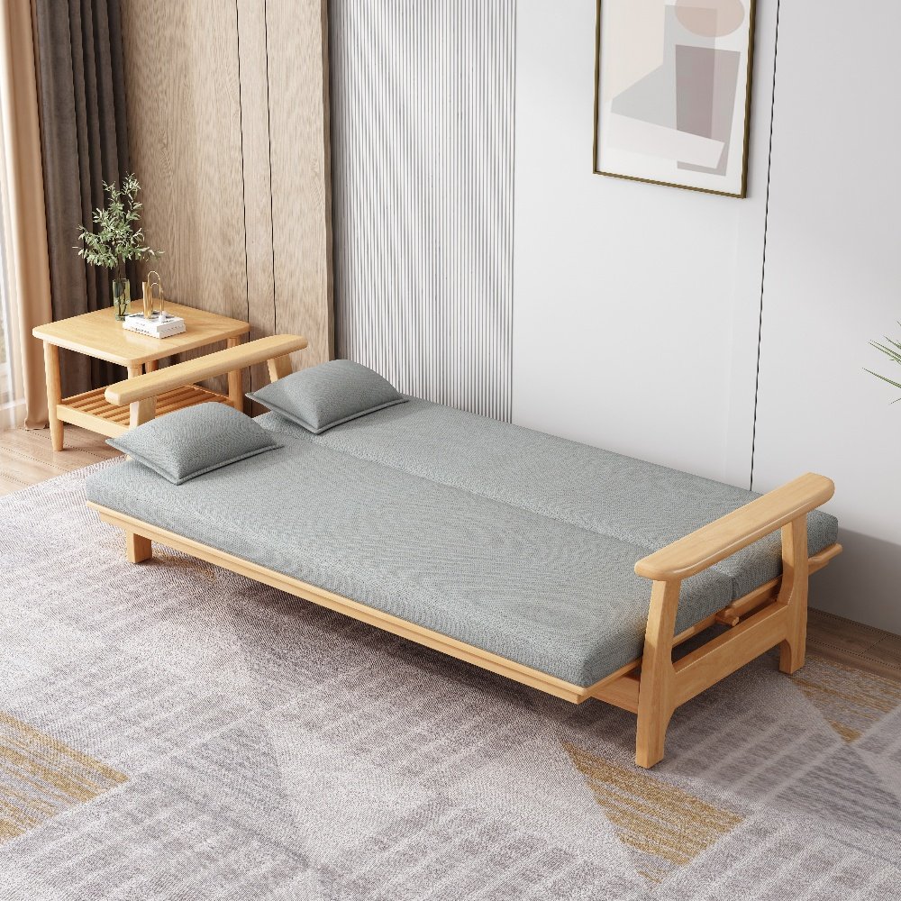 Multifunctional Comfortable Full Solid Wood Living Room Bed Fabric Furniture with Wooden Frame Foldable sofa extendible