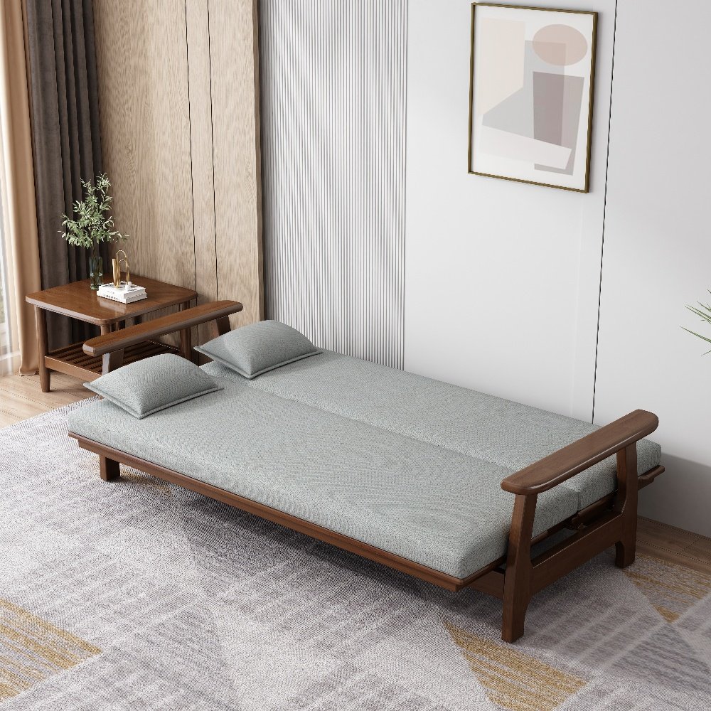 Multifunctional Comfortable Full Solid Wood Living Room Bed Fabric Furniture with Wooden Frame Foldable sofa extendible