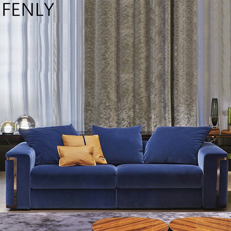 Italian Luxury Blue Velvet Sectional Couch New Design Three-Seat Luxury Living Room Sofa for Home or Office
