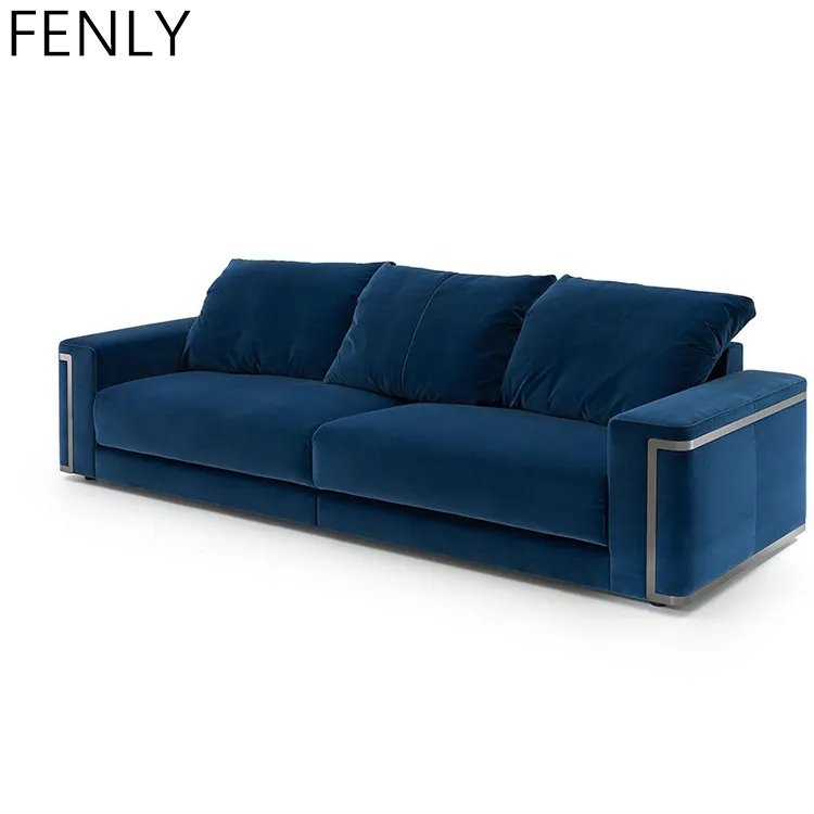 Italian Luxury Blue Velvet Sectional Couch New Design Three-Seat Luxury Living Room Sofa for Home or Office