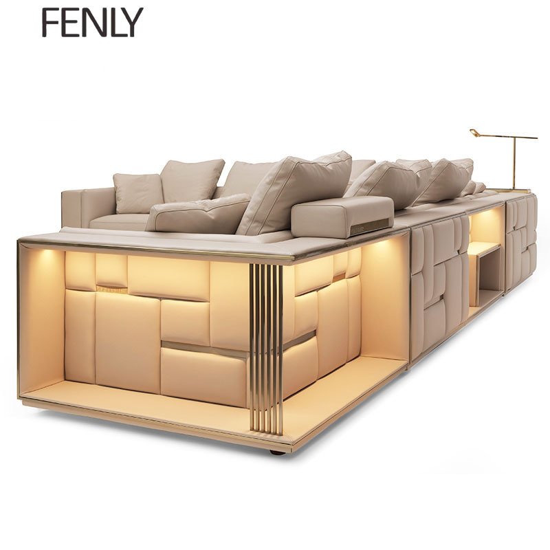 Modern Luxury Italian Leather Sofa Set L-Shaped Sectional Design for Living Room Office or Villa-Genuine Leather Wood Material