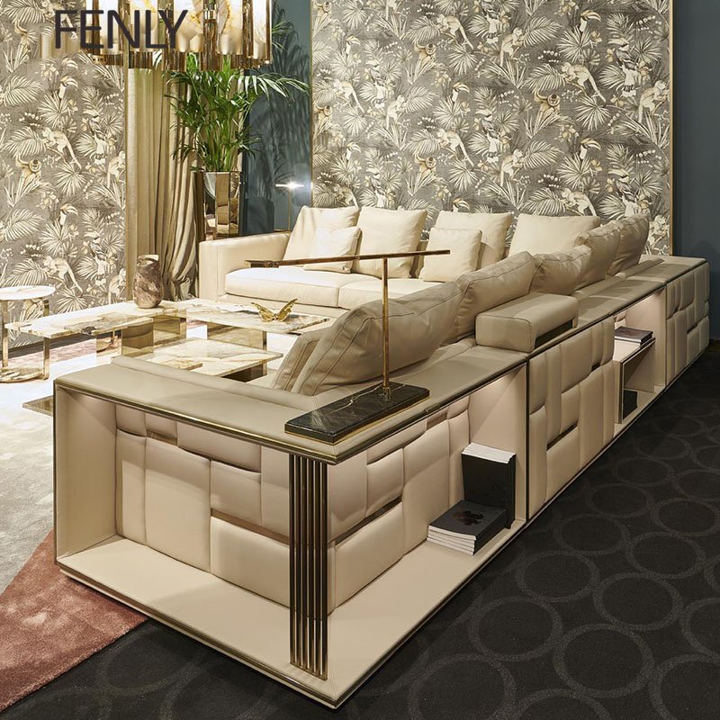 Modern Luxury Italian Leather Sofa Set L-Shaped Sectional Design for Living Room Office or Villa-Genuine Leather Wood Material