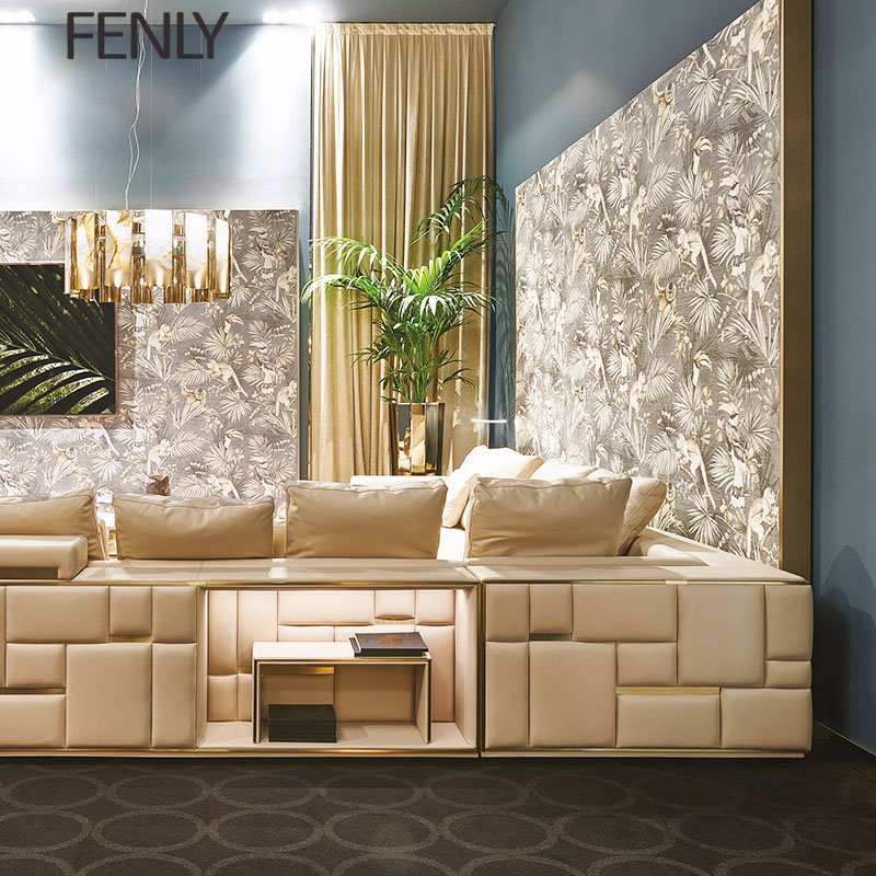 Modern Luxury Italian Leather Sofa Set L-Shaped Sectional Design for Living Room Office or Villa-Genuine Leather Wood Material