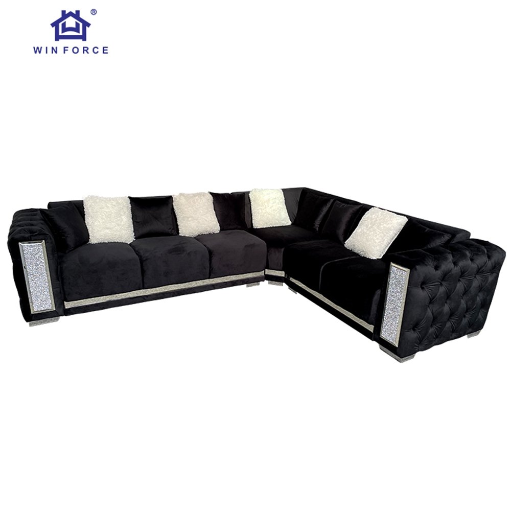 Winforce Luxury Hotel Lobby Living Room Sofa Set Furniture Back Velvet Sofa with Crystals mirrors Modern L Shape Sofa Couches