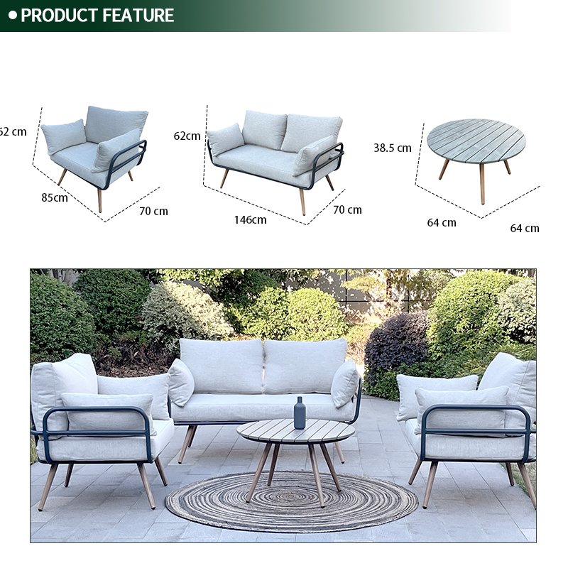 Custom Outdoor Waterproof Fabric Aluminum High-end Garden Sofa Hotel Living Room White Faux Wood Board Sofa Set