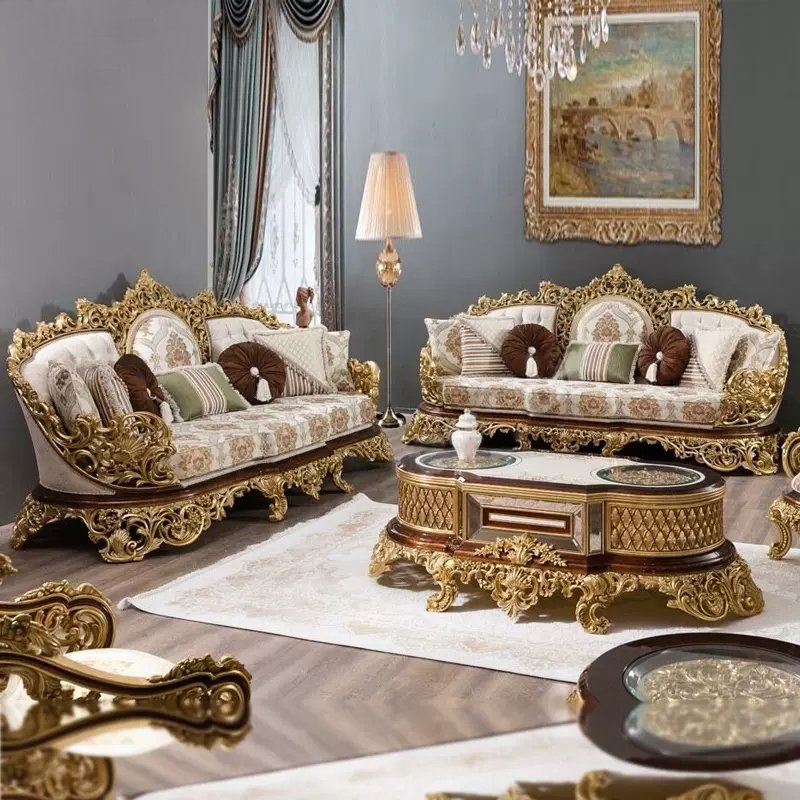 European luxury solid wood carved fabric sofa golden villa royal classic funiture living room sofa