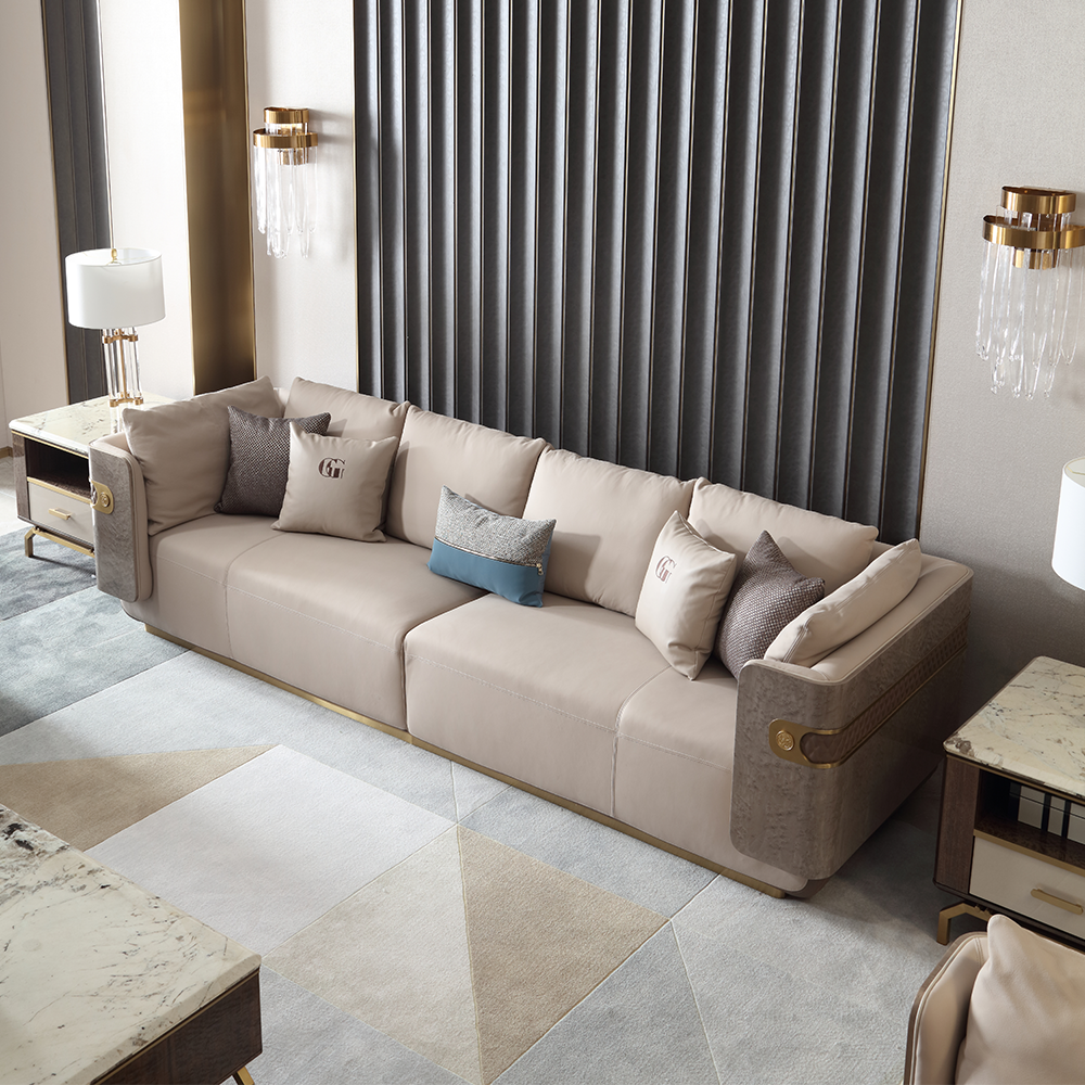 Italian Minimalist Genuine Leather Sofa Living Room Sofa Set Straight Row Three Seater Furniture Sofa