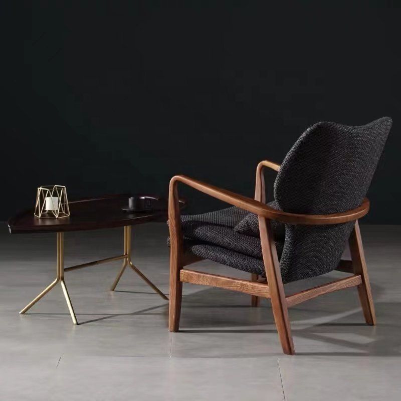 American Style Hotel Cafe Armchair Wooden Single Leisure Chaise Lounge Chairs Living Room Sofas With Fabric Upholstery