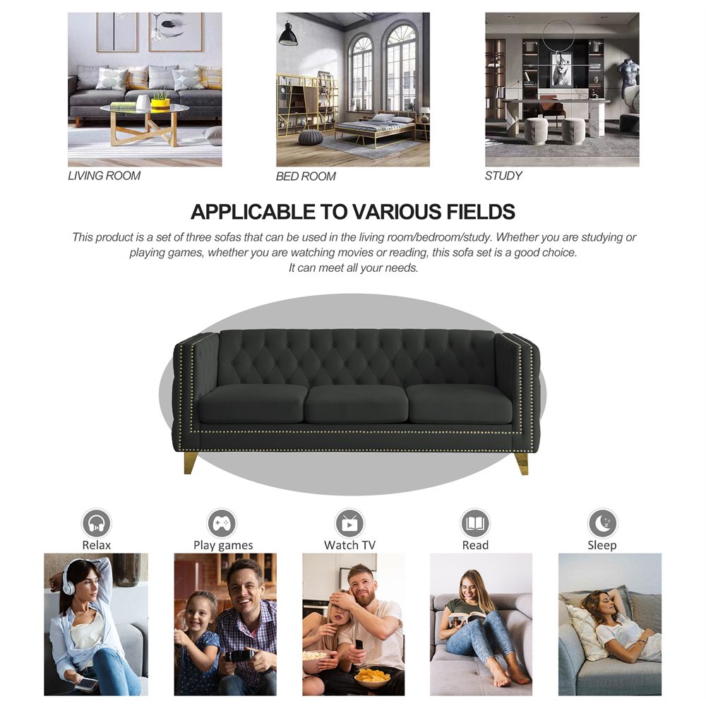 Traditional Retro Oversized 3 Deep Seat Chesterfield Sofa Black Velvet Upholstered Futon Tufted Couches with Button Nailhead