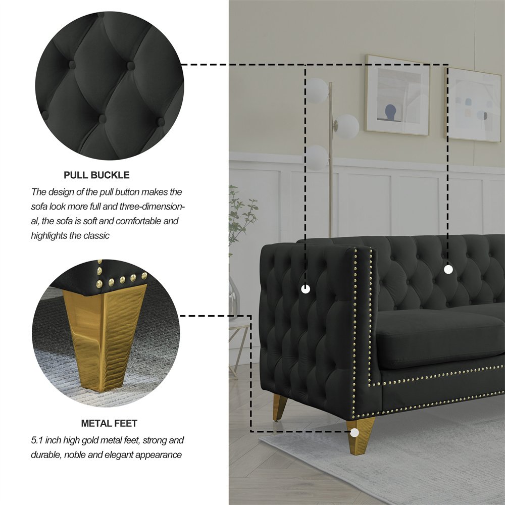 Traditional Retro Oversized 3 Deep Seat Chesterfield Sofa Black Velvet Upholstered Futon Tufted Couches with Button Nailhead